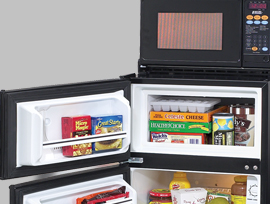 Open microfridge filled with groceries